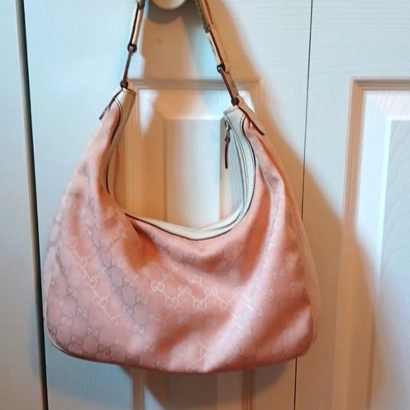 Gucci Vintage *RARE* GG Horsebit Canvas Medium Hobo Bag in Beige & Pink - Picture 2 of 9